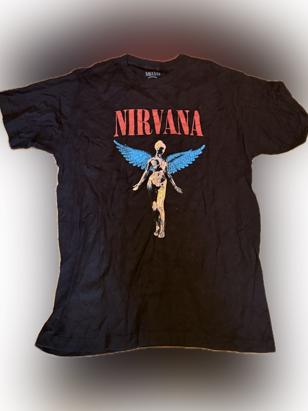 NIRVANA Black Tee with Red Logo and Blue Angel Graphic